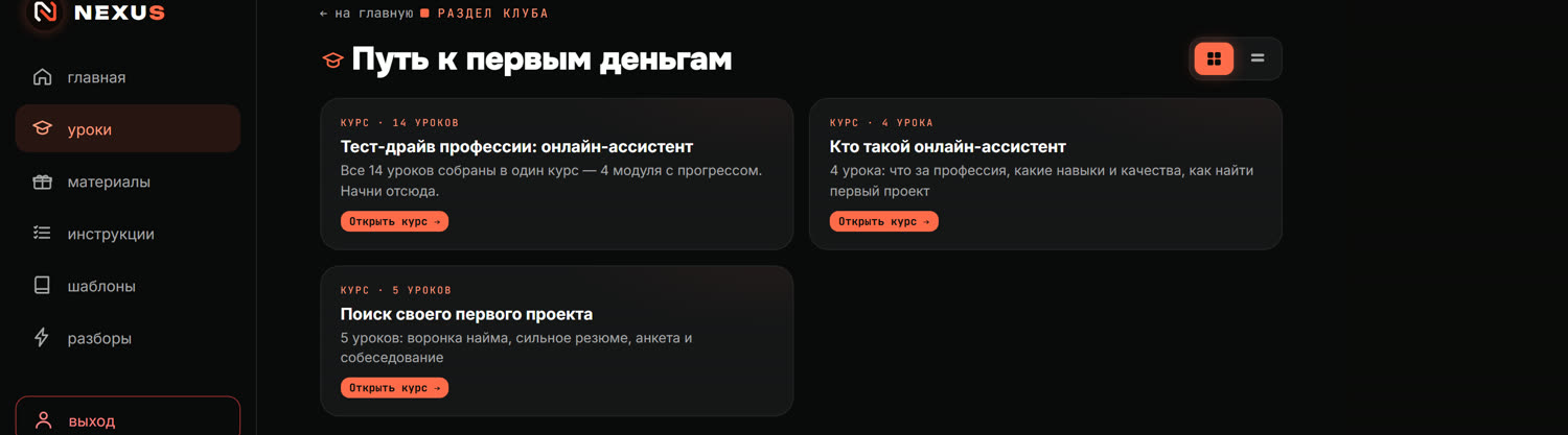 Раздел уроков и курсов внутри клуба NEXUS
