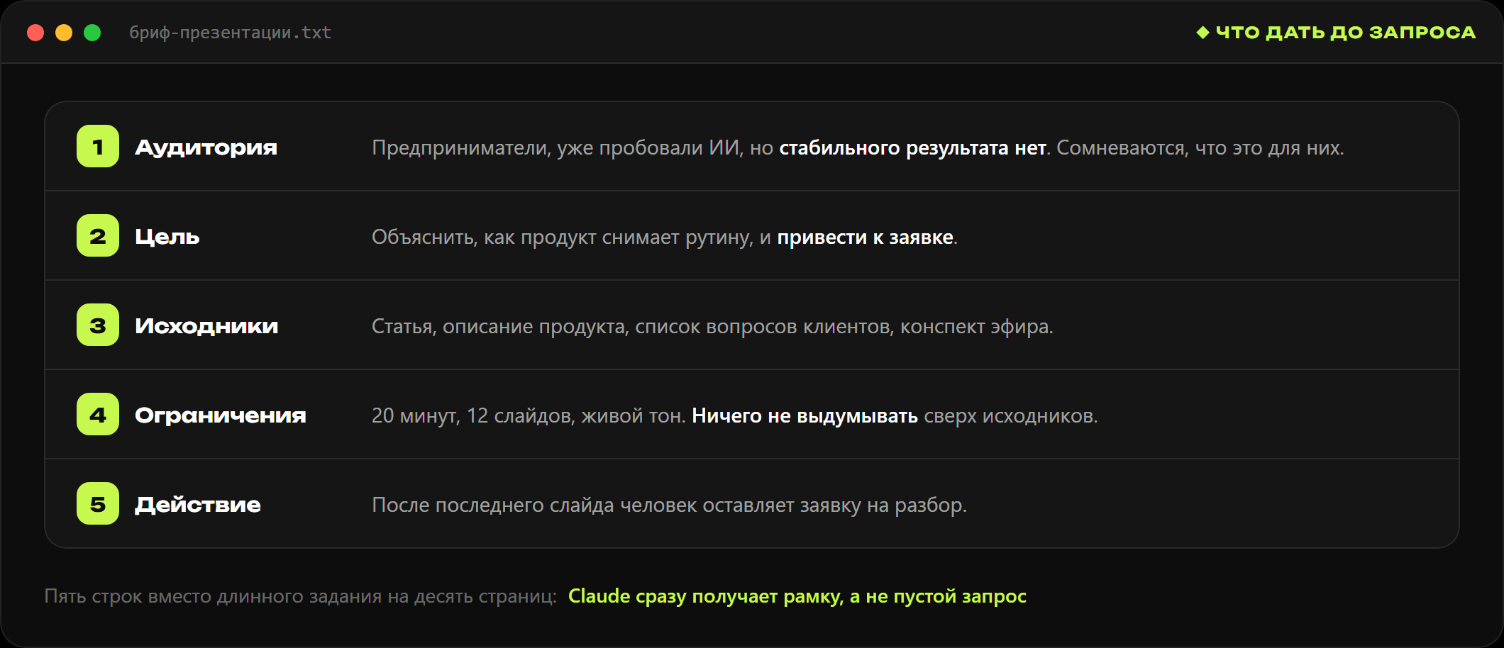 Короткий бриф на презентацию из пяти блоков: аудитория, цель, исходники, ограничения, действие